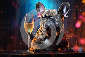 bulldog sitting with glass of champagne or wine. Celebrating, festive concept