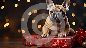 Bulldog small dog with Christmas gifts. Bulldog. Christmas holidays with dogs banner poster. AI generated