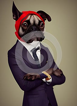 Bulldog in suit and red hat