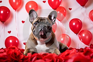 A bulldog surrounded by balloons and rose petals, Valentine\'s Day card