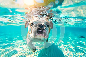 Bulldog swimming in pool, underwater capture