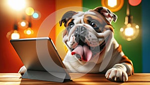 Bulldog Using Tablet at Home