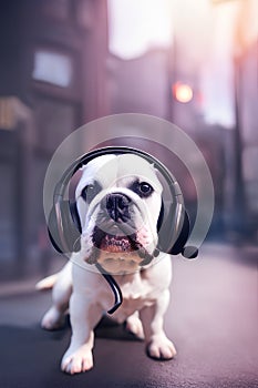 Bulldog wearing headset and enjoy musing