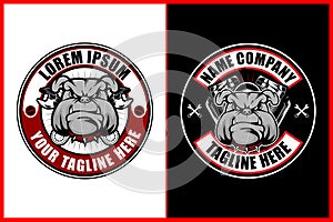 Bulldog with wrench and v-twin engine for motorcycle club vector logo template