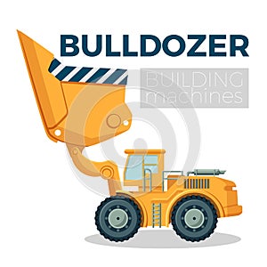 Bulldozer building machine realistic logo design on white. Crawler tractor