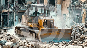A bulldozer clearing debris and rubble from the work site creating a path for the workers and machinery