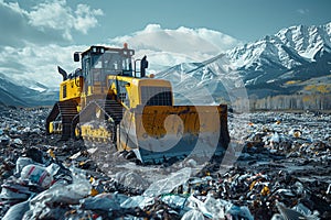 A bulldozer clearing trash on a mountain slope under a cloudy sky