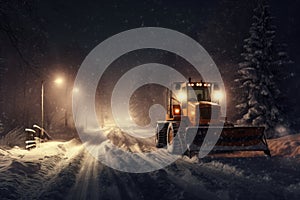 bulldozer clears the road in the winter season during a night blizzard, in the light of lanterns, Generative AI