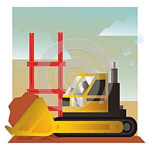 Bulldozer at construction site. Vector illustration decorative design