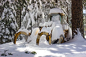 Bulldozer Covered In Wet Winter Snow