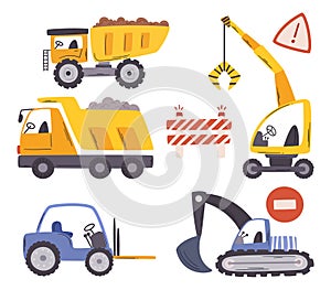 Bulldozer, Crane, Excavator, Forklift And Dump Truck Construction Vehicles, Dig, Lift, And Move Materials, Machines Set