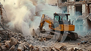 A bulldozer demolishes houses. Demolition of illegal and unsafe buildings.