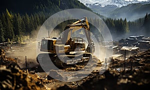 Bulldozer Digging Dirt in Mountain Terrain