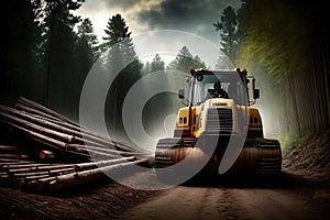 A Bulldozer Driving Down A Dirt Road Next To A Pile Of Logs. Generative AI