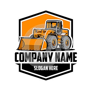 Bulldozer excavating company logo. Emblem style concept vector isolated