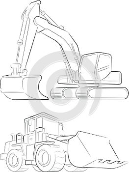 Bulldozer & Excavator Vector Line Art