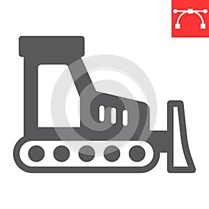 Bulldozer glyph icon, construction and vehicle, bulldozer sign vector graphics, editable stroke solid icon, eps 10.