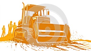 Bulldozer Illustration Orange Workers Construction Site