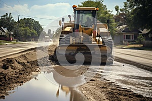 Bulldozer leveling a rough patch of ground for a road construction project, smoothing out the surface. Generative AI