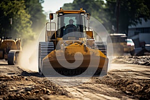 Bulldozer leveling a rough patch of ground for a road construction project, smoothing out the surface. Generative AI