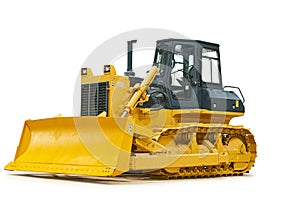 Bulldozer loader machine for earthmoving works on white