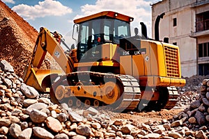 Bulldozer moving rocks at construction site or mine quarry