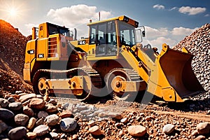 Bulldozer moving rocks at construction site or mine quarry