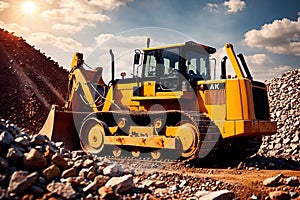 Bulldozer moving rocks at construction site or mine quarry