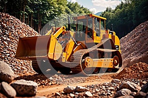 Bulldozer moving rocks at construction site or mine quarry