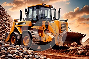 Bulldozer moving rocks at construction site or mine quarry