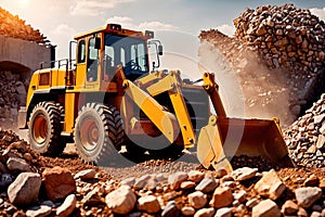 Bulldozer moving rocks at construction site or mine quarry