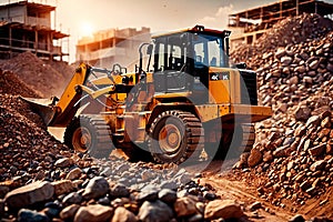 Bulldozer moving rocks at construction site or mine quarry