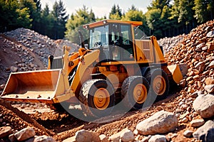 Bulldozer moving rocks at construction site or mine quarry