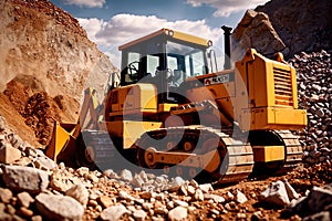 Bulldozer moving rocks at construction site or mine quarry