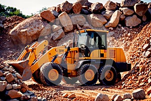 Bulldozer moving rocks at construction site or mine quarry