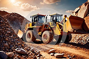 Bulldozer moving rocks at construction site or mine quarry