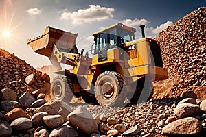 Bulldozer moving rocks at construction site or mine quarry