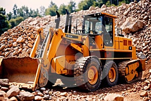 Bulldozer moving rocks at construction site or mine quarry