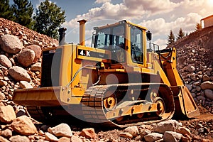 Bulldozer moving rocks at construction site or mine quarry