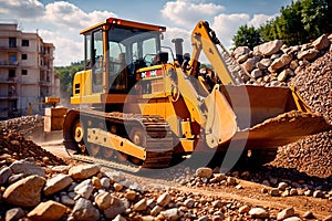 Bulldozer moving rocks at construction site or mine quarry