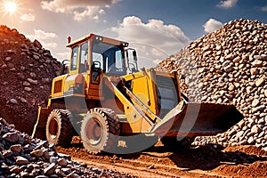 Bulldozer moving rocks at construction site or mine quarry