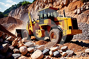 Bulldozer moving rocks at construction site or mine quarry