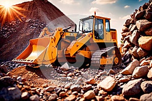 Bulldozer moving rocks at construction site or mine quarry