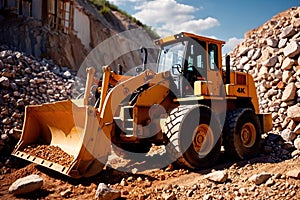 Bulldozer moving rocks at construction site or mine quarry