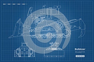 Bulldozer in outline style. Front, side and back view of digger. Building machinery image. Industrial isolated drawing