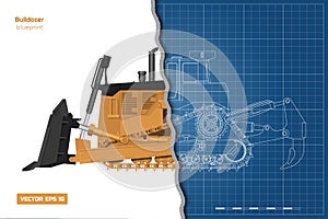 Bulldozer in outline style. Front, side and back view of digger. Building machinery image. Industrial isolated drawing