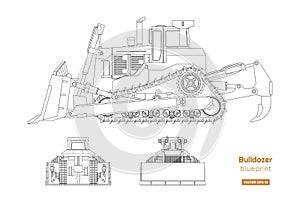 Bulldozer in outline style. Front, side and back view of digger. Industrial isolated drawing of dozer