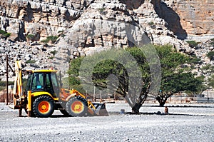 Bulldozer parked beside Acacia tree in Oman