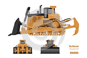 Bulldozer in realistic style. Front, side and back view of digger. Industrial isolated drawing of orange dozer