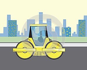 A bulldozer with roller and road works in the city, a flat vector stock illustration as a concept of construction work on laying